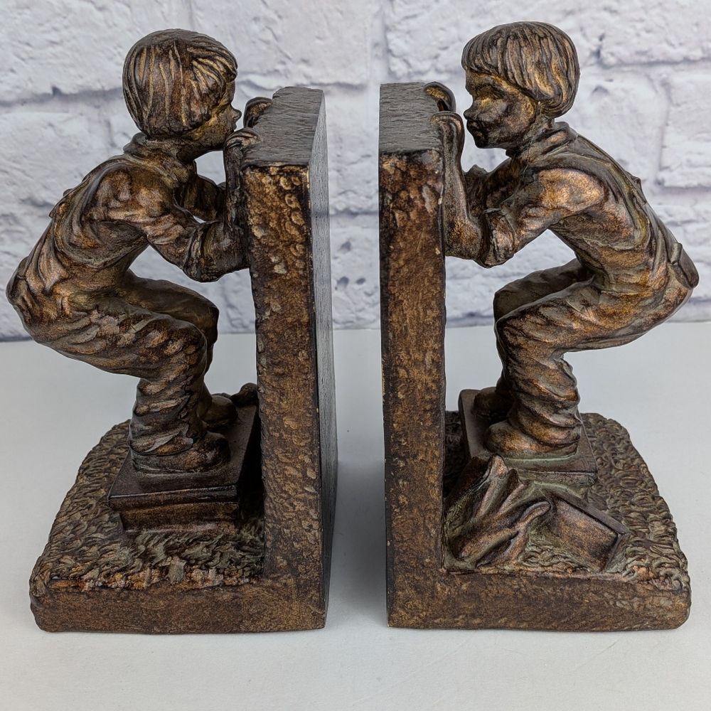Vintage Playful Kids Hide & Seek Bronze Tone Bookends